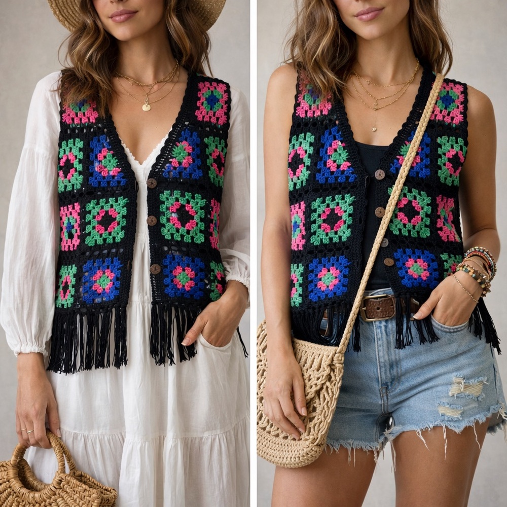 Umgee Black and Multicolor Crochet Cardigan